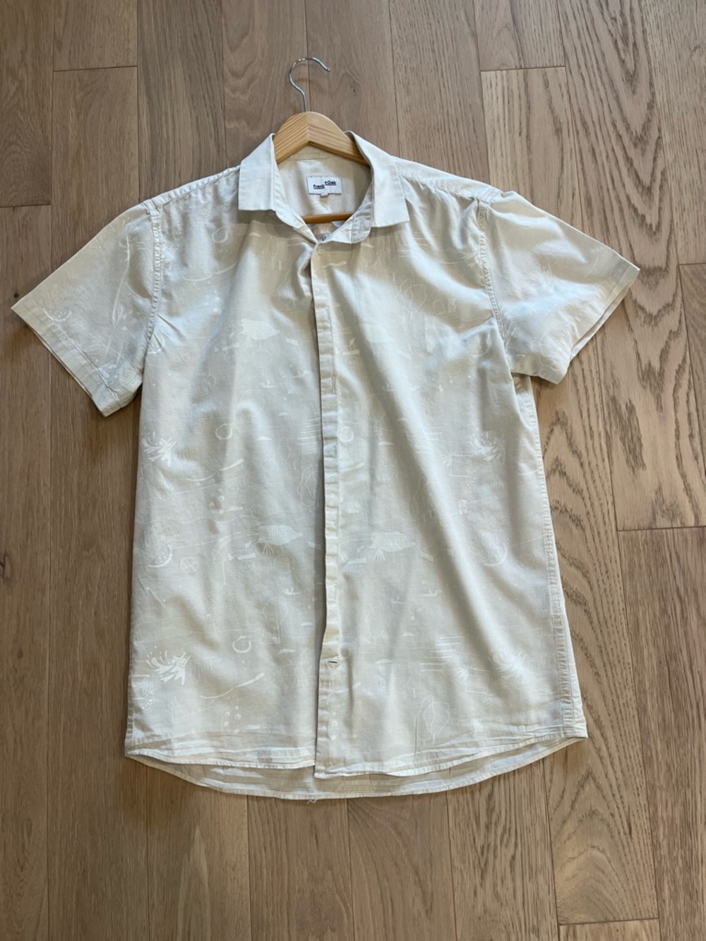 Frank + Oak Cotton Short Sleeve Shirt | Ivory with White Print | Medium